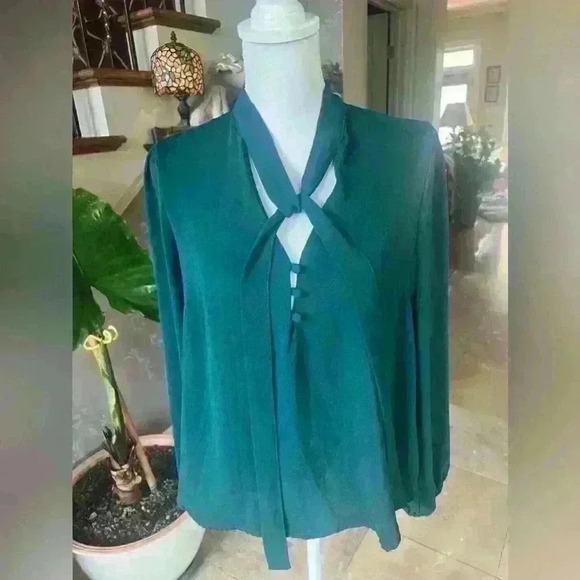 Crescent and Willough ladies blouse medium Green long sleeve neck tie attached - Picture 6 of 9